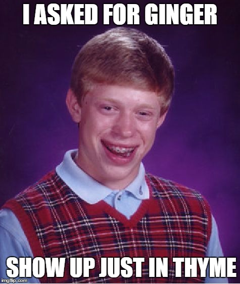 Bad Luck Brian Meme | I ASKED FOR GINGER SHOW UP JUST IN THYME | image tagged in memes,bad luck brian | made w/ Imgflip meme maker