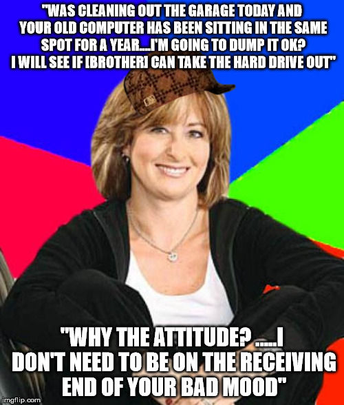 Sheltering Suburban Mom Meme | "WAS CLEANING OUT THE GARAGE TODAY AND YOUR OLD COMPUTER HAS BEEN SITTING IN THE SAME SPOT FOR A YEAR....I'M GOING TO DUMP IT OK? I WILL SEE IF [BROTHER] CAN TAKE THE HARD DRIVE OUT"; "WHY THE ATTITUDE? .....I DON'T NEED TO BE ON THE RECEIVING END OF YOUR BAD MOOD" | image tagged in memes,sheltering suburban mom,scumbag | made w/ Imgflip meme maker