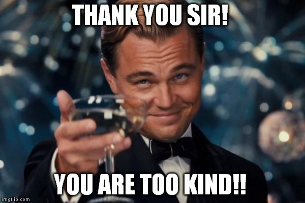 Leonardo Dicaprio Cheers Meme | THANK YOU SIR! YOU ARE TOO KIND!! | image tagged in memes,leonardo dicaprio cheers | made w/ Imgflip meme maker