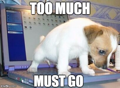 puppy pee laptop | TOO MUCH MUST GO | image tagged in puppy pee laptop | made w/ Imgflip meme maker