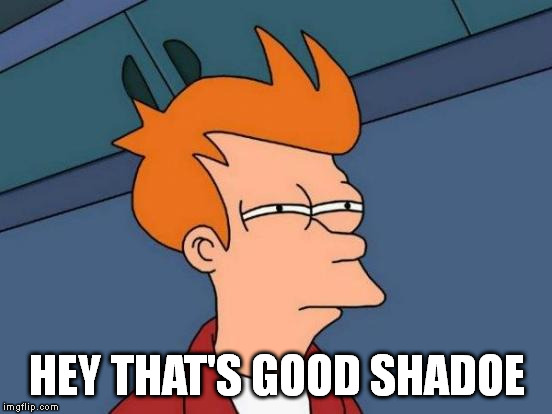 Futurama Fry Meme | HEY THAT'S GOOD SHADOE | image tagged in memes,futurama fry | made w/ Imgflip meme maker