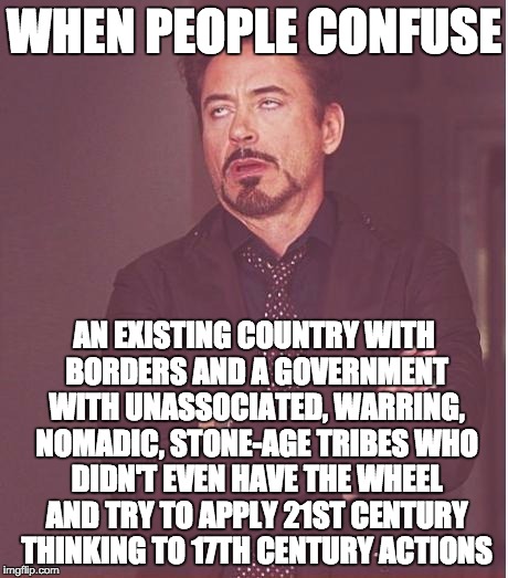 Face You Make Robert Downey Jr Meme | WHEN PEOPLE CONFUSE; AN EXISTING COUNTRY WITH BORDERS AND A GOVERNMENT WITH UNASSOCIATED, WARRING, NOMADIC, STONE-AGE TRIBES WHO DIDN'T EVEN HAVE THE WHEEL AND TRY TO APPLY 21ST CENTURY THINKING TO 17TH CENTURY ACTIONS | image tagged in memes,face you make robert downey jr | made w/ Imgflip meme maker