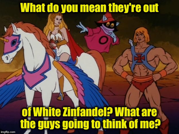 Trouble in FabulousLand......... | What do you mean they're out; of White Zinfandel? What are the guys going to think of me? | image tagged in he man,memes,funny memes | made w/ Imgflip meme maker