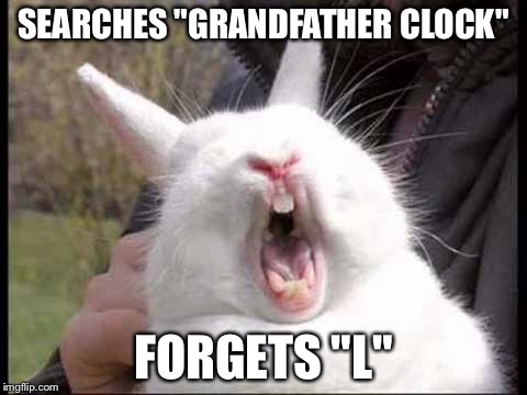 Meme bunny | SEARCHES "GRANDFATHER CLOCK"; FORGETS "L" | image tagged in memes | made w/ Imgflip meme maker