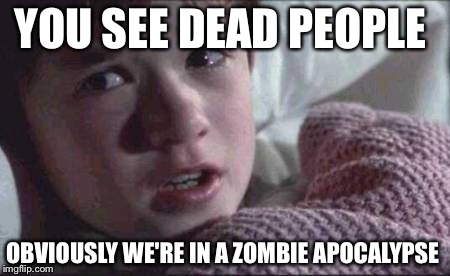 I See Dead People | YOU SEE DEAD PEOPLE; OBVIOUSLY WE'RE IN A ZOMBIE APOCALYPSE | image tagged in memes,i see dead people | made w/ Imgflip meme maker