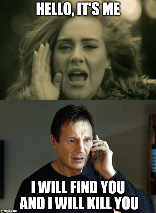 Die Adele | HELLO, IT'S ME; I WILL FIND YOU AND I WILL KILL YOU | image tagged in pie charts | made w/ Imgflip meme maker