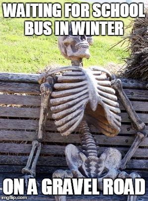 Waiting Skeleton | WAITING FOR SCHOOL BUS IN WINTER; ON A GRAVEL ROAD | image tagged in memes,waiting skeleton | made w/ Imgflip meme maker