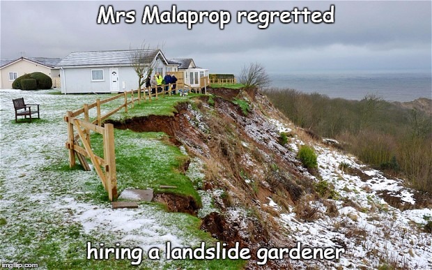 Sometimes you get what you pay for | Mrs Malaprop regretted; hiring a landslide gardener | image tagged in malapropism | made w/ Imgflip meme maker