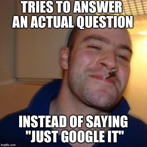Good Guy Greg Meme | TRIES TO ANSWER AN ACTUAL QUESTION; INSTEAD OF SAYING "JUST GOOGLE IT" | image tagged in memes,good guy greg | made w/ Imgflip meme maker