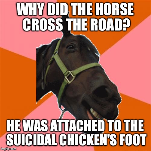 Anti-Joke Horse | WHY DID THE HORSE CROSS THE ROAD? HE WAS ATTACHED TO THE SUICIDAL CHICKEN'S FOOT | image tagged in anti-joke horse | made w/ Imgflip meme maker