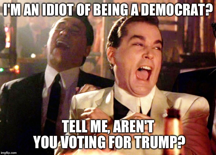 Good Fellas Hilarious | I'M AN IDIOT OF BEING A DEMOCRAT? TELL ME, AREN'T YOU VOTING FOR TRUMP? | image tagged in memes,good fellas hilarious | made w/ Imgflip meme maker