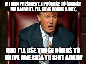 Donald Trump | IF I WIN PRESIDENT, I PROMISE TO CHANGE MY HAIRCUT. I'LL SAVE HOURS A DAY, AND I'LL USE THOSE HOURS TO DRIVE AMERICA TO SHIT AGAIN! | image tagged in donald trump | made w/ Imgflip meme maker
