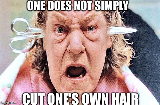 Momma's new haircut | ONE DOES NOT SIMPLY; CUT ONE'S OWN HAIR | image tagged in momma,one does not simply | made w/ Imgflip meme maker
