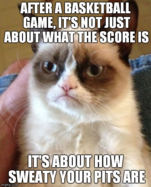 Grumpy Cat Meme | AFTER A BASKETBALL GAME, IT'S NOT JUST ABOUT WHAT THE SCORE IS; IT'S ABOUT HOW SWEATY YOUR PITS ARE | image tagged in memes,grumpy cat | made w/ Imgflip meme maker