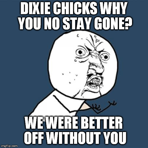Y U No Meme | DIXIE CHICKS WHY YOU NO STAY GONE? WE WERE BETTER OFF WITHOUT YOU | image tagged in memes,y u no | made w/ Imgflip meme maker