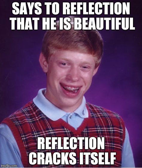 Bad Luck Brian Meme | SAYS TO REFLECTION THAT HE IS BEAUTIFUL; REFLECTION CRACKS ITSELF | image tagged in memes,bad luck brian | made w/ Imgflip meme maker