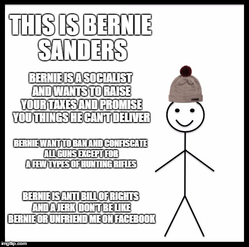 Be Like Bill | THIS IS BERNIE SANDERS; BERNIE IS A SOCIALIST AND WANTS TO RAISE YOUR TAXES AND PROMISE YOU THINGS HE CAN'T DELIVER; BERNIE WANT TO BAN AND CONFISCATE ALL GUNS EXCEPT FOR A FEW TYPES OF HUNTING RIFLES; BERNIE IS ANTI BILL OF RIGHTS AND A JERK
 DON'T BE LIKE BERNIE OR UNFRIEND ME ON FACEBOOK | image tagged in memes,be like bill | made w/ Imgflip meme maker