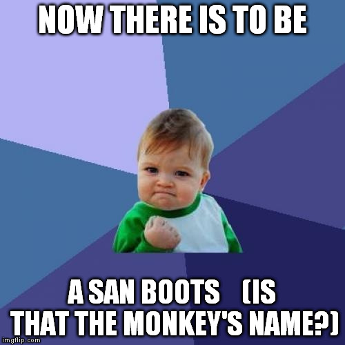 Success Kid Meme | NOW THERE IS TO BE A SAN BOOTS    (IS THAT THE MONKEY'S NAME?) | image tagged in memes,success kid | made w/ Imgflip meme maker