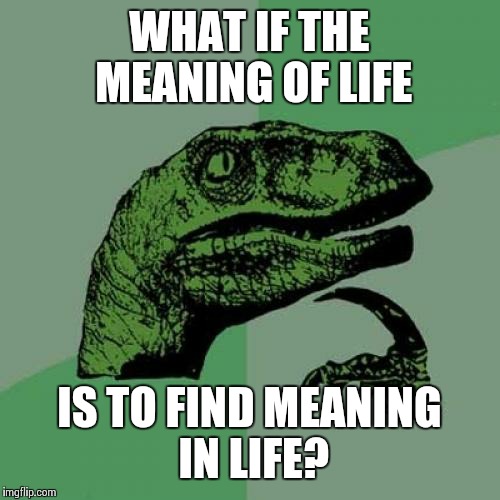 Philosoraptor | WHAT IF THE MEANING OF LIFE; IS TO FIND MEANING IN LIFE? | image tagged in memes,philosoraptor | made w/ Imgflip meme maker