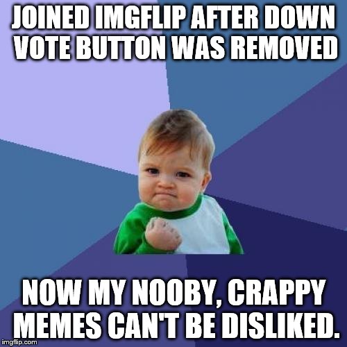 Success Kid | JOINED IMGFLIP AFTER DOWN VOTE BUTTON WAS REMOVED; NOW MY NOOBY, CRAPPY MEMES CAN'T BE DISLIKED. | image tagged in memes,success kid | made w/ Imgflip meme maker