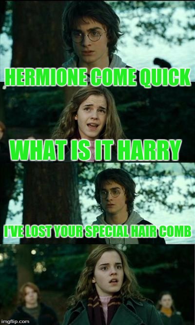 Horny Harry | HERMIONE COME QUICK; WHAT IS IT HARRY; I'VE LOST YOUR SPECIAL HAIR COMB | image tagged in memes,horny harry | made w/ Imgflip meme maker