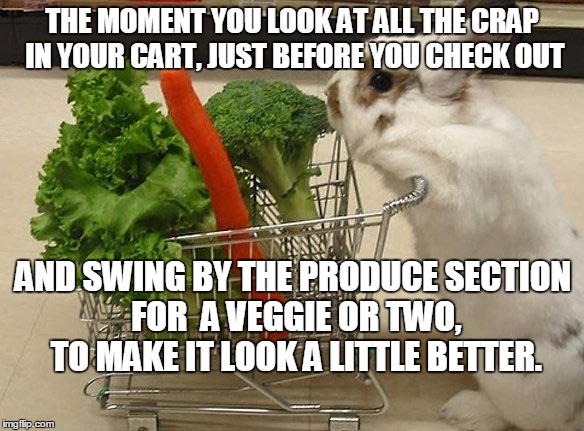 Bunny shopping | THE MOMENT YOU LOOK AT ALL THE CRAP IN YOUR CART, JUST BEFORE YOU CHECK OUT; AND SWING BY THE PRODUCE SECTION FOR  A VEGGIE OR TWO, TO MAKE IT LOOK A LITTLE BETTER. | image tagged in bunny shopping | made w/ Imgflip meme maker