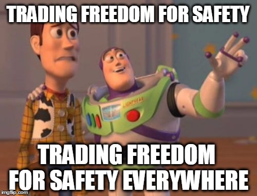 X, X Everywhere | TRADING FREEDOM FOR SAFETY; TRADING FREEDOM FOR SAFETY EVERYWHERE | image tagged in memes,x x everywhere | made w/ Imgflip meme maker