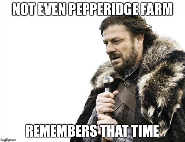 Brace Yourselves X is Coming Meme | NOT EVEN PEPPERIDGE FARM REMEMBERS THAT TIME | image tagged in memes,brace yourselves x is coming | made w/ Imgflip meme maker