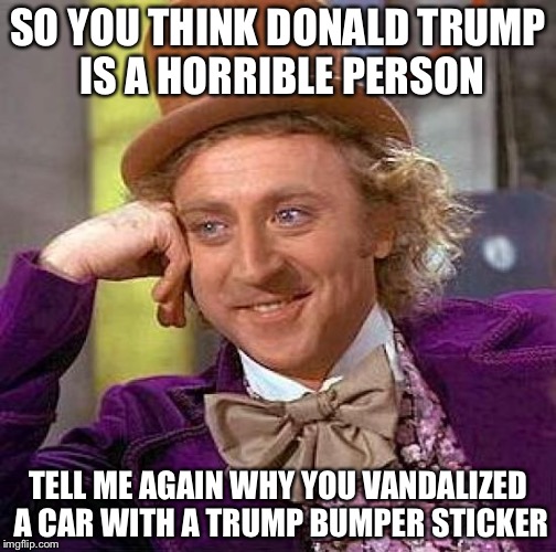 Creepy Condescending Wonka | SO YOU THINK DONALD TRUMP IS A HORRIBLE PERSON; TELL ME AGAIN WHY YOU VANDALIZED A CAR WITH A TRUMP BUMPER STICKER | image tagged in memes,creepy condescending wonka | made w/ Imgflip meme maker