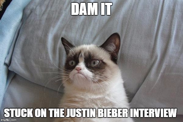 Grumpy Cat Bed | DAM IT; STUCK ON THE JUSTIN BIEBER INTERVIEW | image tagged in memes,grumpy cat bed,grumpy cat | made w/ Imgflip meme maker