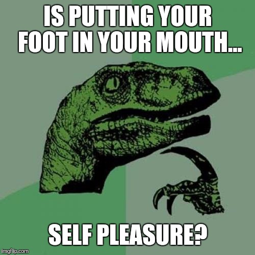 Philosoraptor Meme | IS PUTTING YOUR FOOT IN YOUR MOUTH... SELF PLEASURE? | image tagged in memes,philosoraptor | made w/ Imgflip meme maker