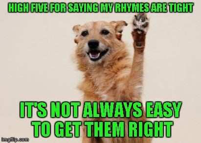 HIGH FIVE FOR SAYING MY RHYMES ARE TIGHT IT'S NOT ALWAYS EASY TO GET THEM RIGHT | made w/ Imgflip meme maker