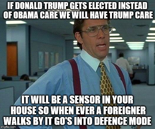 That Would Be Great | IF DONALD TRUMP GETS ELECTED INSTEAD OF OBAMA CARE WE WILL HAVE TRUMP CARE; IT WILL BE A SENSOR IN YOUR HOUSE SO WHEN EVER A FOREIGNER WALKS BY IT GO'S INTO DEFENCE MODE | image tagged in memes,that would be great | made w/ Imgflip meme maker