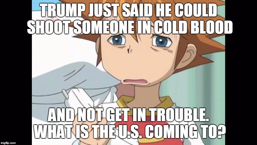 Y u Do Dis Trump | TRUMP JUST SAID HE COULD SHOOT SOMEONE IN COLD BLOOD; AND NOT GET IN TROUBLE. WHAT IS THE U.S. COMING TO? | image tagged in chris is displeased - sonic x,politics,phone,trump,president,us | made w/ Imgflip meme maker