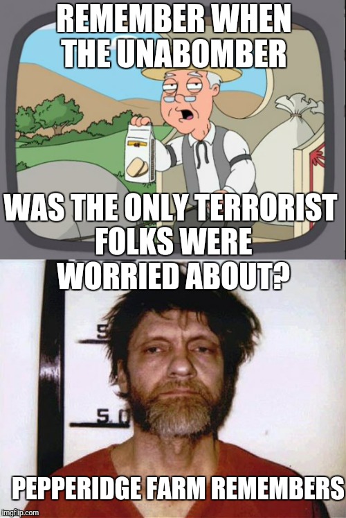 Ted Kaczynski.   | REMEMBER WHEN THE UNABOMBER; WAS THE ONLY TERRORIST FOLKS WERE WORRIED ABOUT? PEPPERIDGE FARM REMEMBERS | image tagged in terrorist | made w/ Imgflip meme maker