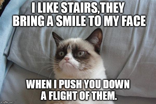 Grumpy Cat Bed | I LIKE STAIRS,THEY BRING A SMILE TO MY FACE; WHEN I PUSH YOU DOWN A FLIGHT OF THEM. | image tagged in memes,grumpy cat bed,grumpy cat | made w/ Imgflip meme maker