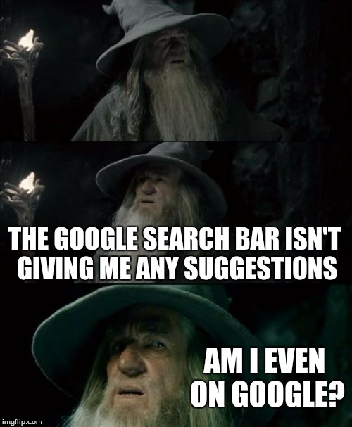 Confused Gandalf Meme | THE GOOGLE SEARCH BAR ISN'T GIVING ME ANY SUGGESTIONS; AM I EVEN ON GOOGLE? | image tagged in memes,confused gandalf | made w/ Imgflip meme maker
