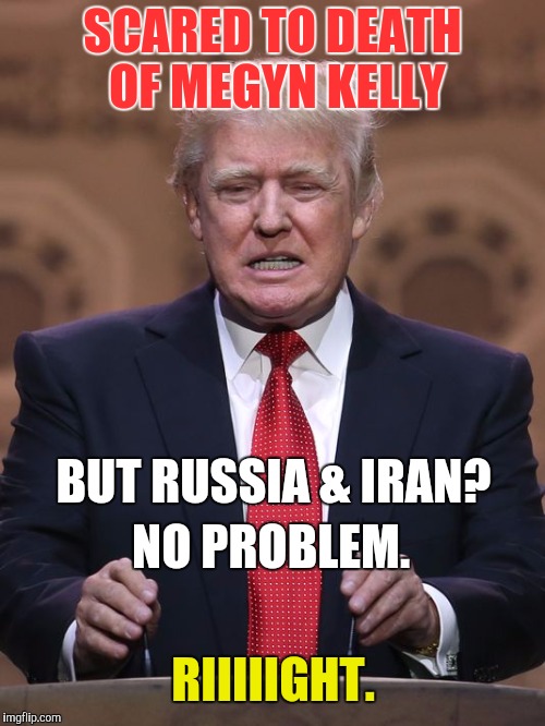 Donald Trump | SCARED TO DEATH OF MEGYN KELLY; BUT RUSSIA & IRAN? NO PROBLEM. RIIIIIGHT. | image tagged in donald trump | made w/ Imgflip meme maker