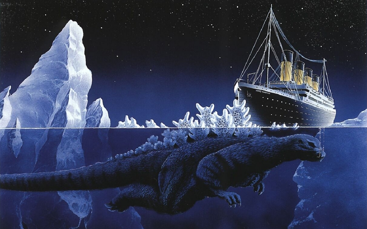 High Quality Godzilla Sinking The Titanic Blank Meme Template