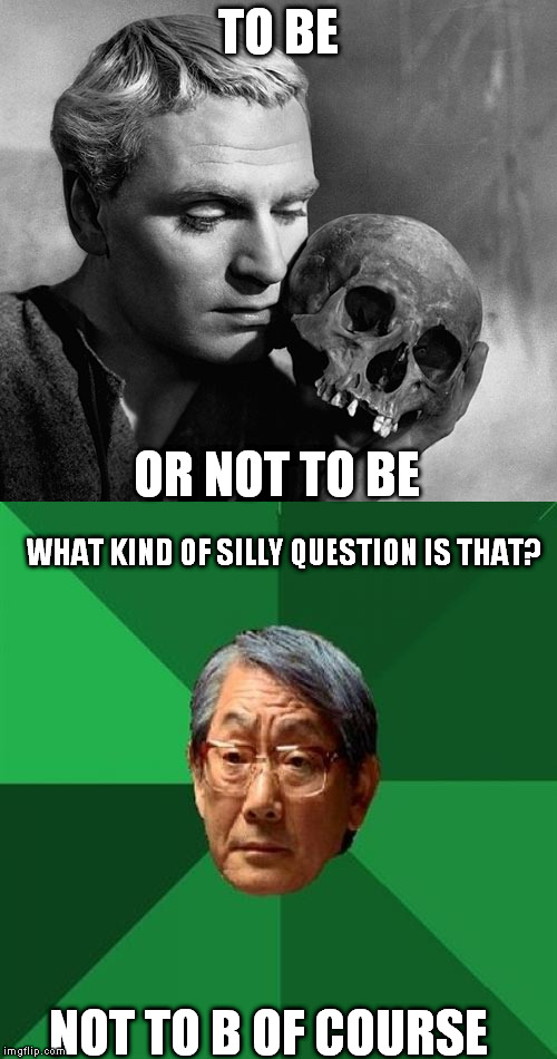 TO B OR NOT TO B | TO BE; OR NOT TO BE; WHAT KIND OF SILLY QUESTION IS THAT? NOT TO B OF COURSE | image tagged in meme,hamlet,high expectations asian father | made w/ Imgflip meme maker
