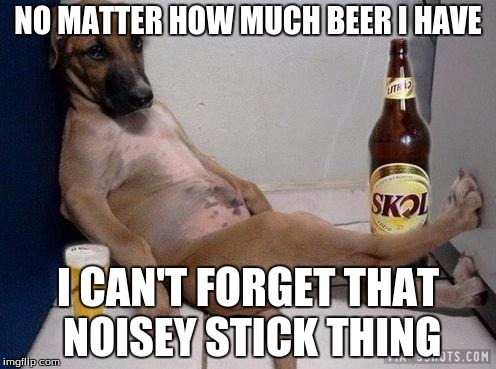 Funny Dog | NO MATTER HOW MUCH BEER I HAVE; I CAN'T FORGET THAT NOISEY STICK THING | image tagged in funny dog,memes | made w/ Imgflip meme maker