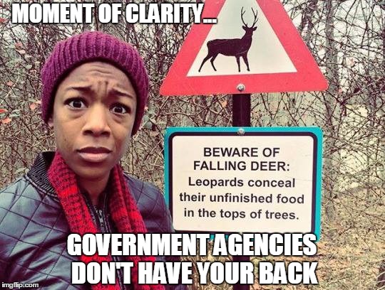 Beware of falling Deer | MOMENT OF CLARITY... GOVERNMENT AGENCIES DON'T HAVE YOUR BACK | image tagged in beware of falling deer | made w/ Imgflip meme maker