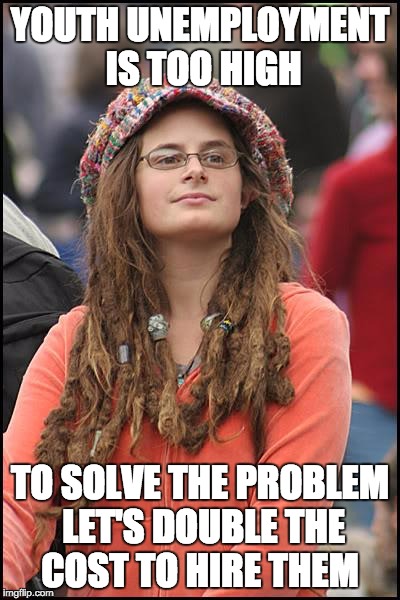 College Liberal Meme | YOUTH UNEMPLOYMENT IS TOO HIGH; TO SOLVE THE PROBLEM LET'S DOUBLE THE COST TO HIRE THEM | image tagged in memes,college liberal | made w/ Imgflip meme maker
