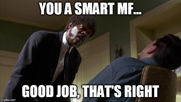 Pulp Fiction Say What Again | YOU A SMART MF... GOOD JOB, THAT'S RIGHT | image tagged in pulp fiction say what again | made w/ Imgflip meme maker