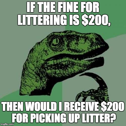 Philosoraptor | IF THE FINE FOR LITTERING IS $200, THEN WOULD I RECEIVE $200 FOR PICKING UP LITTER? | image tagged in memes,philosoraptor | made w/ Imgflip meme maker