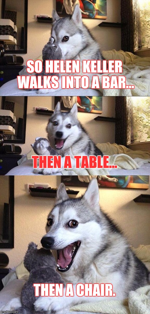 Bad Pun Dog Meme | SO HELEN KELLER WALKS INTO A BAR... THEN A TABLE... THEN A CHAIR. | image tagged in memes,bad pun dog | made w/ Imgflip meme maker