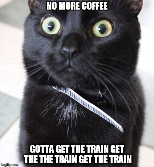 Woah Kitty | NO MORE COFFEE; GOTTA GET THE TRAIN GET THE THE TRAIN GET THE TRAIN | image tagged in memes,woah kitty | made w/ Imgflip meme maker