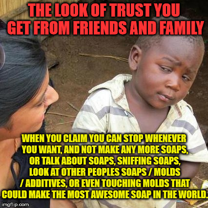 Third World Skeptical Kid Meme | THE LOOK OF TRUST YOU GET FROM FRIENDS AND FAMILY; WHEN YOU CLAIM YOU CAN STOP WHENEVER YOU WANT, AND NOT MAKE ANY MORE SOAPS, OR TALK ABOUT SOAPS, SNIFFING SOAPS, LOOK AT OTHER PEOPLES SOAPS / MOLDS / ADDITIVES, OR EVEN TOUCHING MOLDS THAT COULD MAKE THE MOST AWESOME SOAP IN THE WORLD. | image tagged in memes,third world skeptical kid | made w/ Imgflip meme maker
