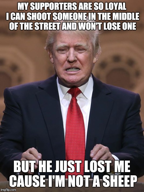 Donald Trump | MY SUPPORTERS ARE SO LOYAL I CAN SHOOT SOMEONE IN THE MIDDLE OF THE STREET AND WON'T LOSE ONE; BUT HE JUST LOST ME CAUSE I'M NOT A SHEEP | image tagged in donald trump | made w/ Imgflip meme maker