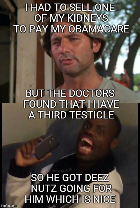 Deez nutz are a silver lining to a bad health system.  | I HAD TO SELL ONE OF MY KIDNEYS TO PAY MY OBAMACARE; BUT THE DOCTORS FOUND THAT I HAVE A THIRD TESTICLE; SO HE GOT DEEZ NUTZ GOING FOR HIM WHICH IS NICE | image tagged in deez nutz | made w/ Imgflip meme maker